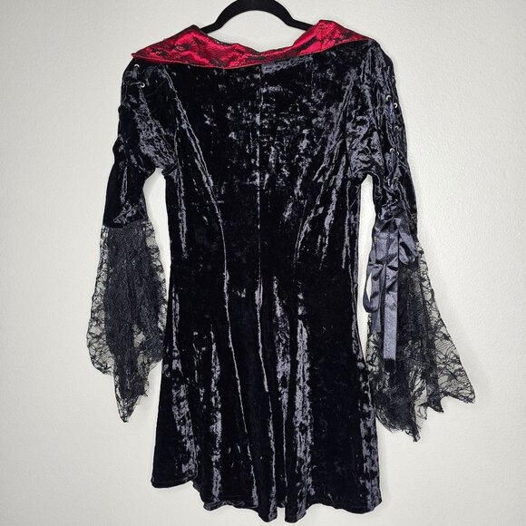 Leg Avenue Size M L Black Red Velour Mini Dress Lace Bell Flare Sleeves Lace Up - Picture 4 of 6